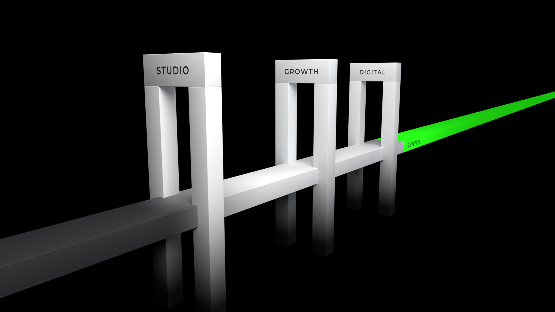 Three gates in a row with one beam of light running through all of them, the last one lit green